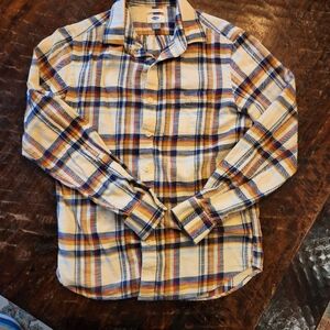 Old Navy Shirt Mens Small Beige Blue Plaid Slim Fit Long Sleeve Button Down